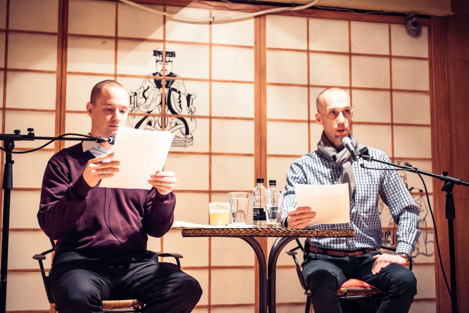 Colin Bigelow (left) is reading Ken Wilber welcoming letter to Russians. Alexander Narinyani (right) is translating it to Russian.